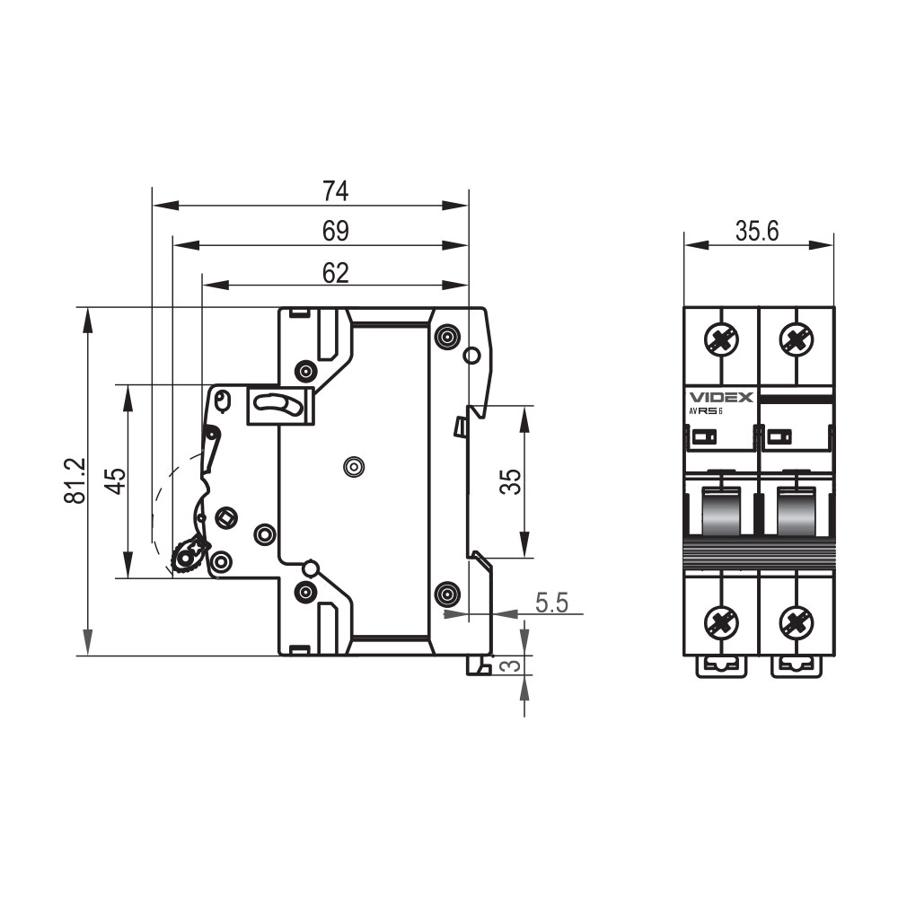 Videx RESIST RS6 2p 63А С 6кА (VF-RS6-AV2C63) Габаритные размеры