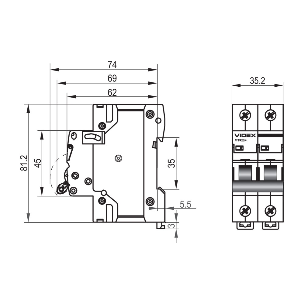 Videx RESIST RS4 2p 63А С 4,5кА (VF-RS4-AV2C63) Габаритные размеры