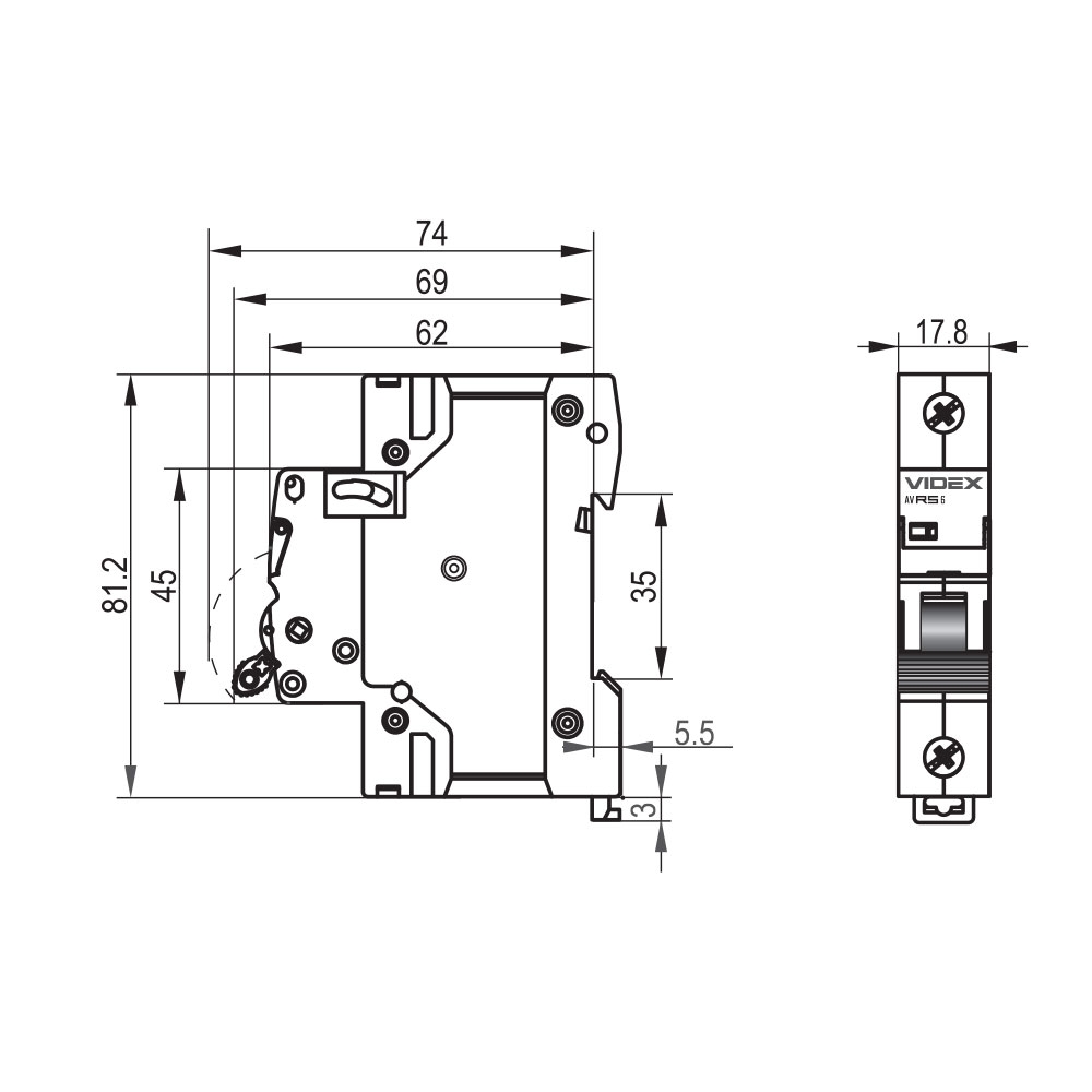 Videx RESIST RS6 1p 63А С 6кА (VF-RS6-AV1C63) Габаритні розміри