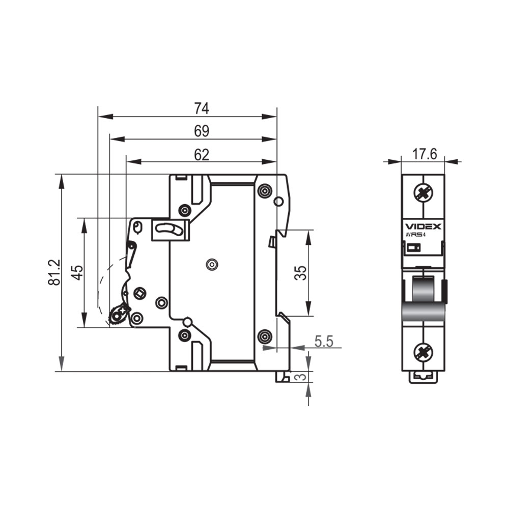 Videx RESIST RS4 1p 63А С 4,5кА (VF-RS4-AV1C63) Габаритные размеры