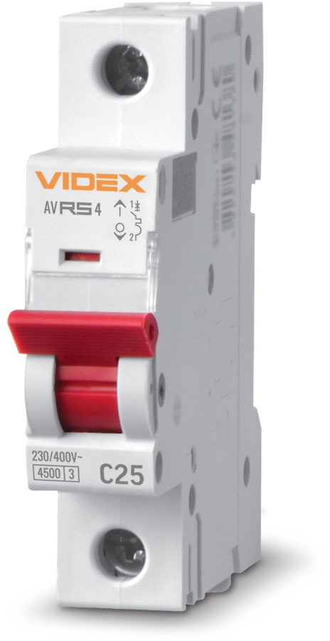 Характеристики автоматический выключатель Videx RESIST RS4 1p 25А С 4,5кА (VF-RS4-AV1C25)