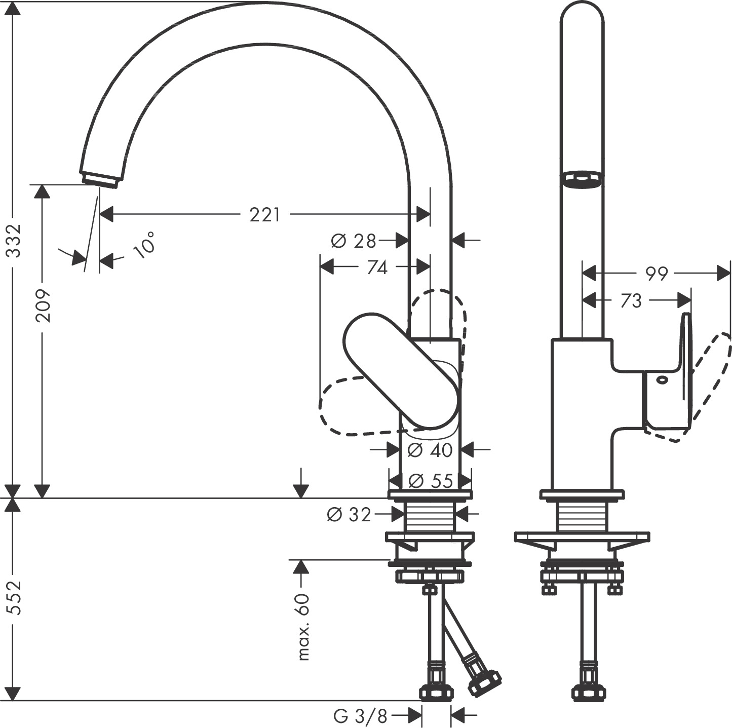 Hansgrohe Vernis Blend M35 KM260 71870000 Габаритні розміри