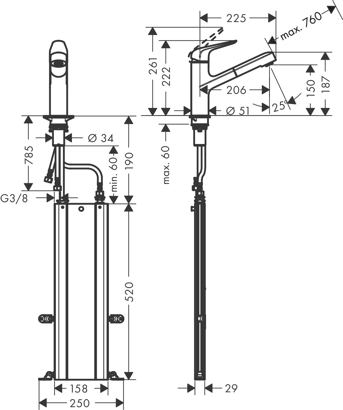 Hansgrohe Focus M42 KM150 71829000 Габаритные размеры