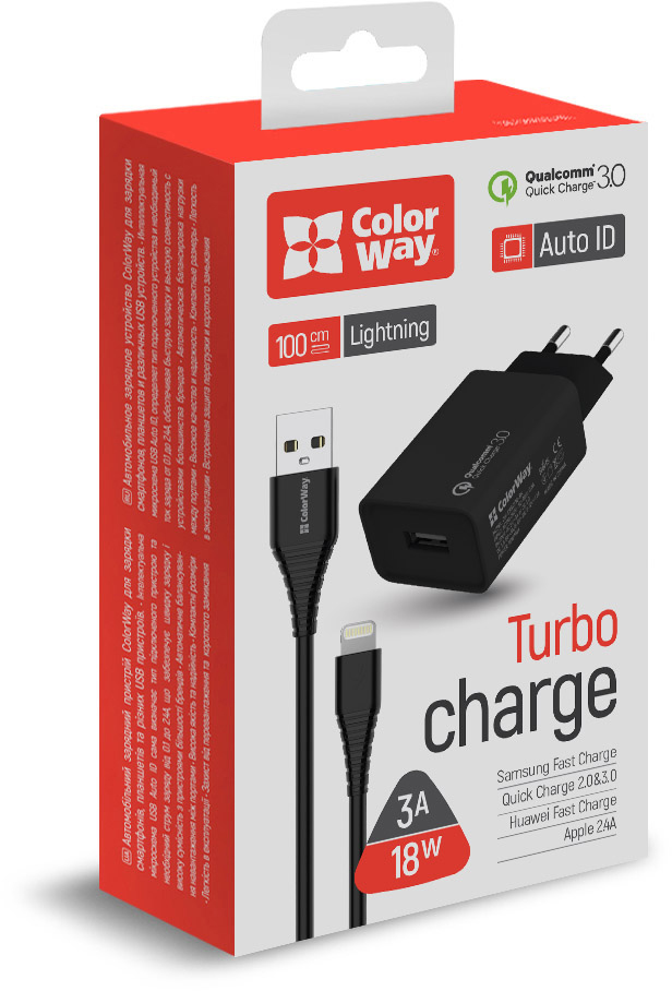 Зарядное устройство ColorWay 1USB QC3.0 18W + cable Lightning (CW-CHS013QCL-BK) характеристики - фотография 7