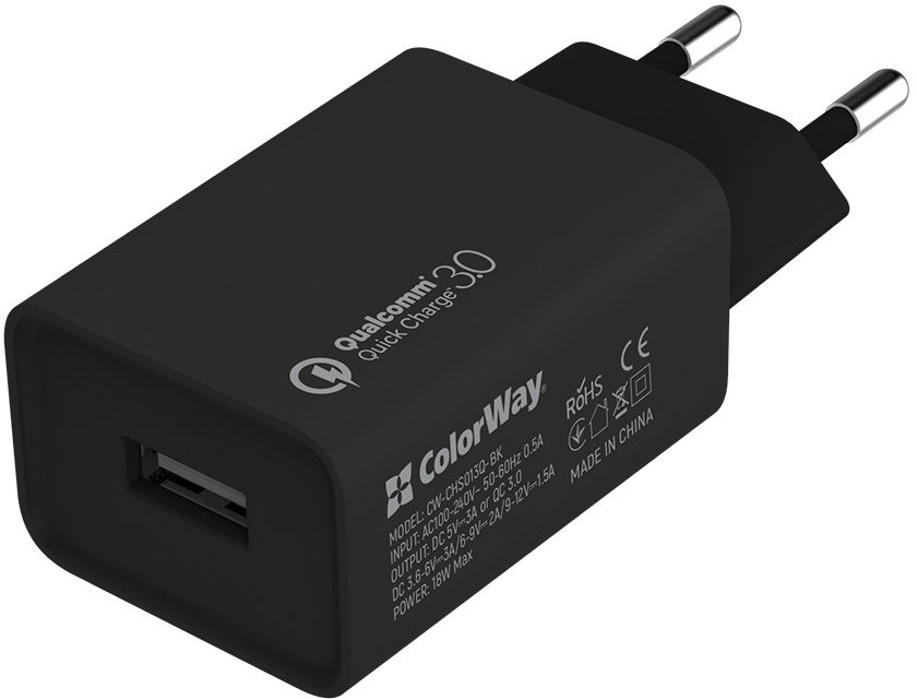 Зарядное устройство ColorWay 1USB QC3.0 18W + cable Lightning (CW-CHS013QCL-BK)