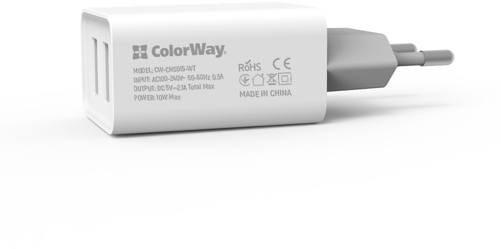 Зарядний пристрій ColorWay 2USB 2.1A 10W (CW-CHS015-WT)