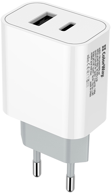 Зарядний пристрій ColorWay Type-C PD + USB QC3.0 20W V2 (CW-CHS025QPD-WT) ціна 449.00 грн - фотографія 2