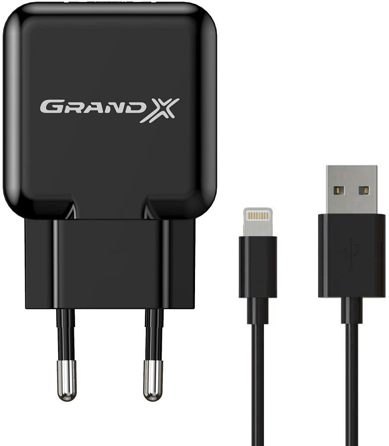 Купить зарядное устройство Grand-X USB 5V 2,1A Black + cable Lightning (CH03LTB) в Киеве