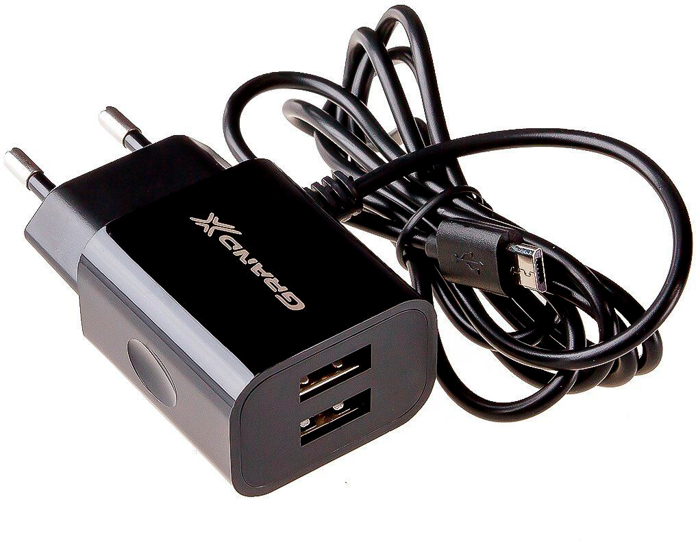 Зарядное устройство Grand-X 5V 2,1A 2USB Black + micro USB (CH-35B)