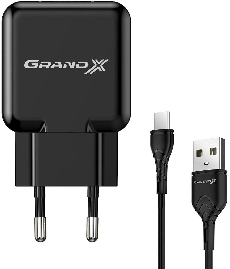 Grand-X USB 5V 2,1A Blackт + cable Type C (CH-03T)