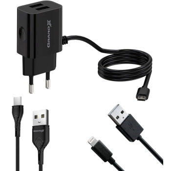 Зарядное устройство Grand-X 2USB 5V 3,1A + micro USB + Type C + Lightning Black (CH65LT) цена 310 грн - фотография 2