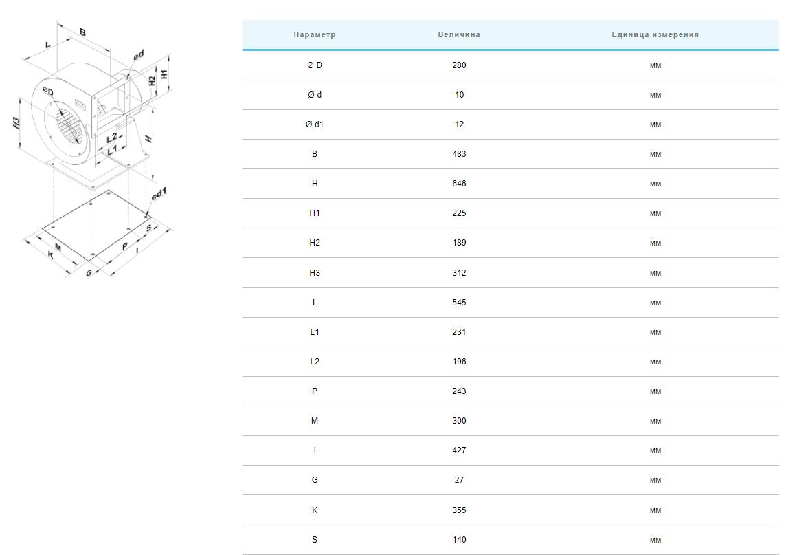 Вентс ВЦУН 280х127-5,5-2 ПР Габаритные размеры