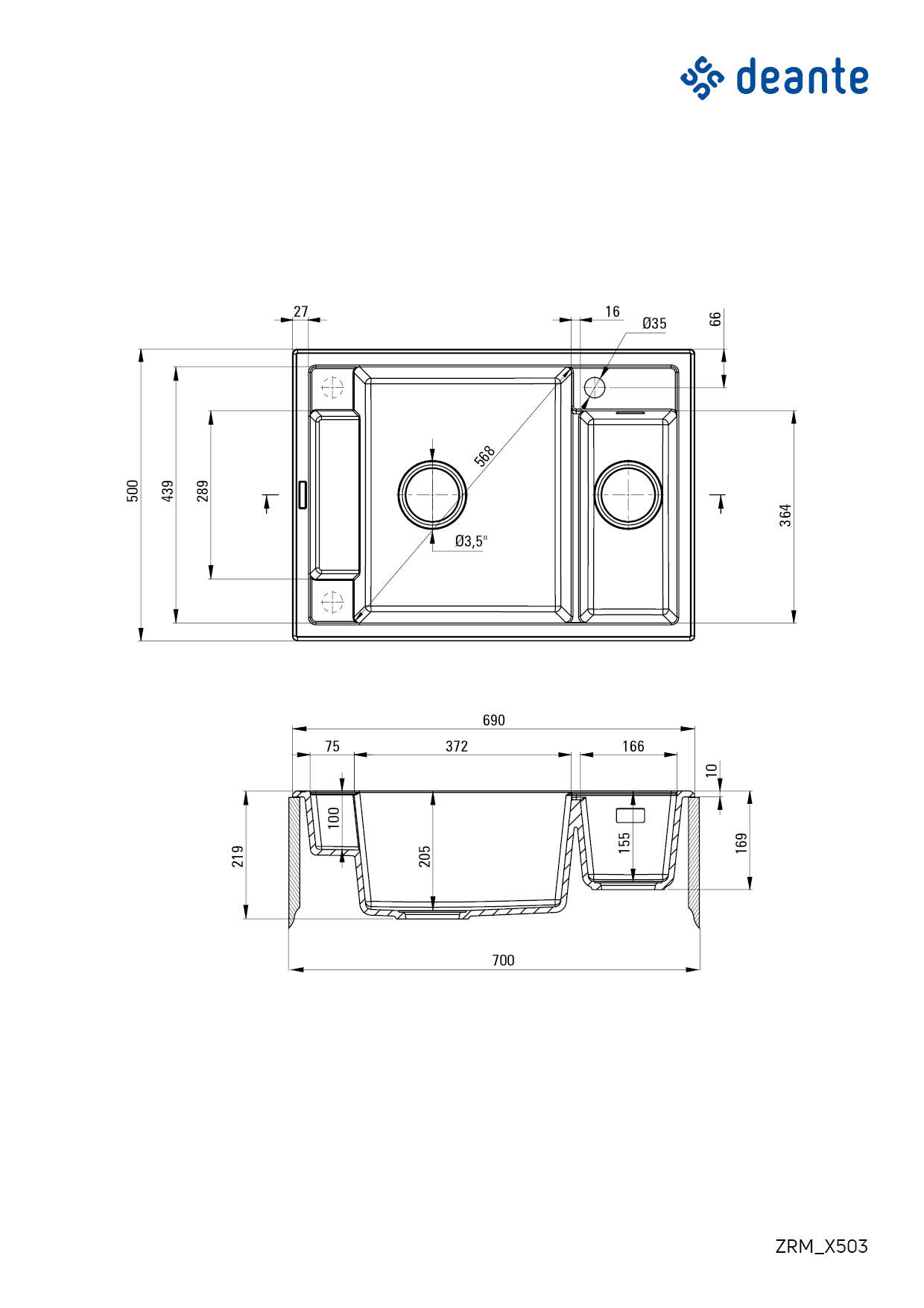 Кухонная мойка Deante Magnetic 690х500х219мм (ZRM_A503) цена 10928.00 грн - фотография 2