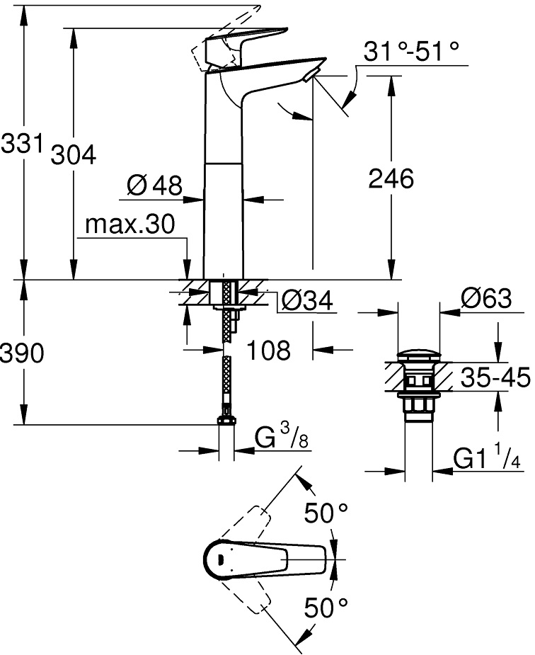 Grohe QuickFix StartEdge XL-Size (23777001) Габаритные размеры