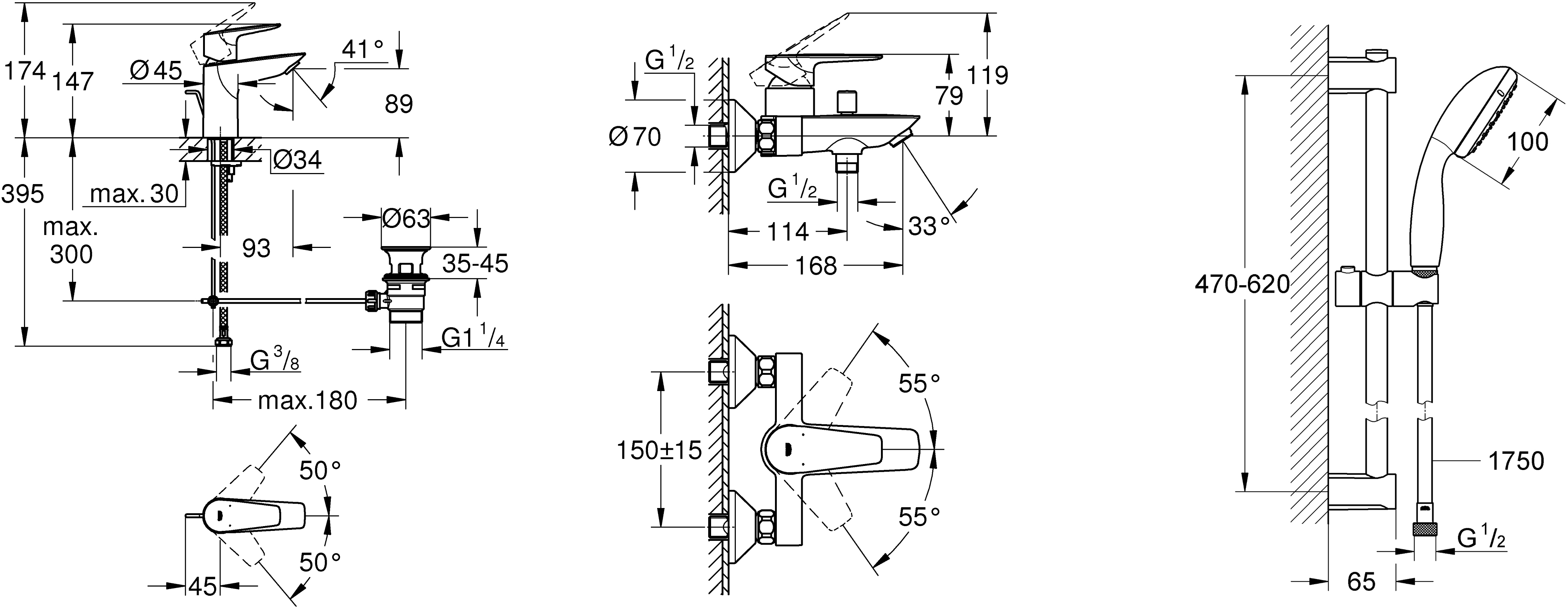 Grohe QuickFix Start Edge UA202501SQ Габаритные размеры