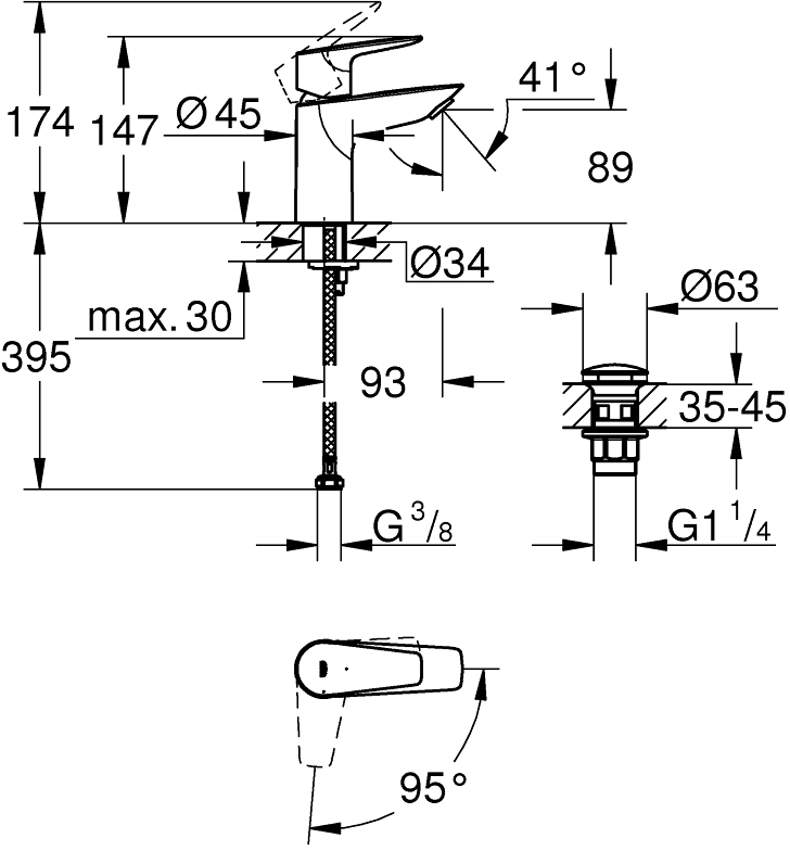 Grohe QuickFix Start Edge ColdStart UA202502SE Габаритные размеры