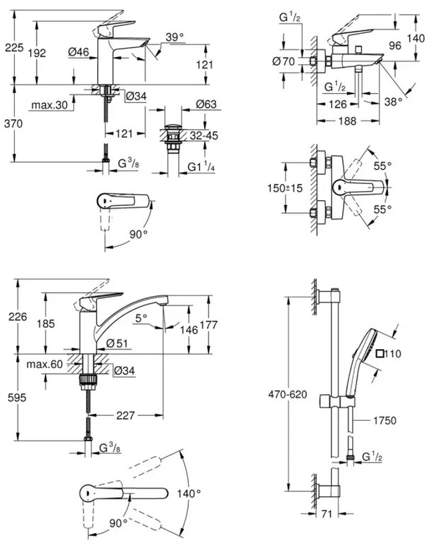 Grohe QuickFix Start ColdStart UA202301KE Габаритные размеры