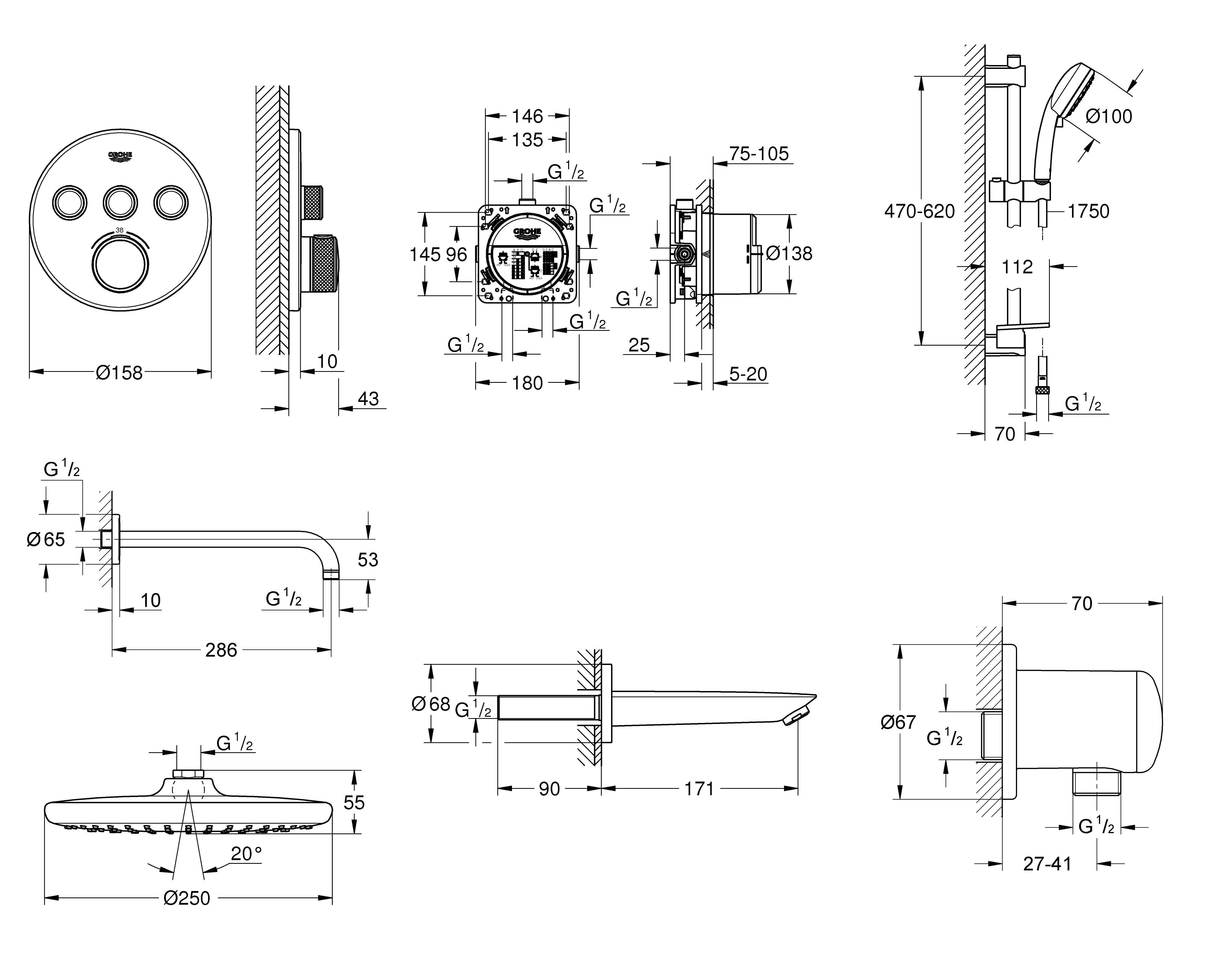 Душова система Grohe QuickFix Grohtherm SmartControl&Vitalio Start 250 Round UA202801R3 інструкція - зображення 6