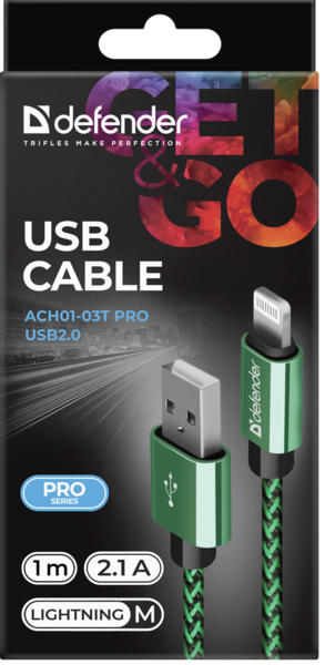 в продаже Кабель Defender ACH01-03T USB(AM)-Lighting 1m, 2.1A Green (87810) - фото 3