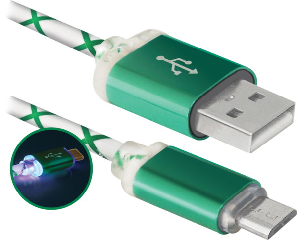 Кабель Defender USB08-03LT USB(AM)-MicroBM GreenLED Backlight 1m ціна 138.60 грн - фотографія 2