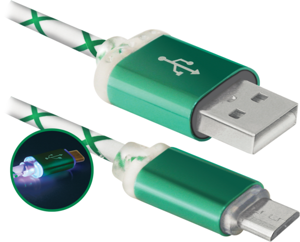 Кабель Defender USB08-03LT USB(AM)-MicroBM GreenLED Backlight 1m цена 139 грн - фотография 2