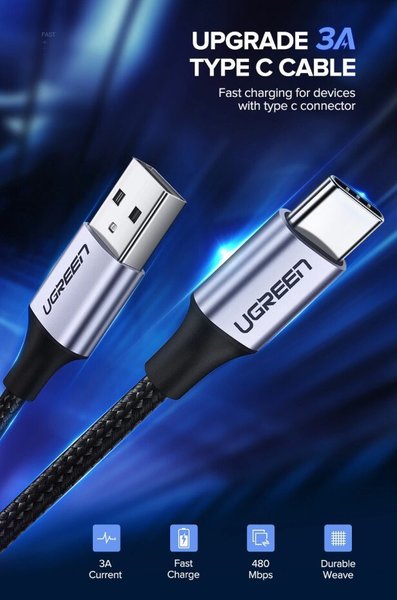 Кабель Ugreen US288 USB - Type-C Cable Aluminum Braid 1.5м (Black) ціна 461 грн - фотографія 2