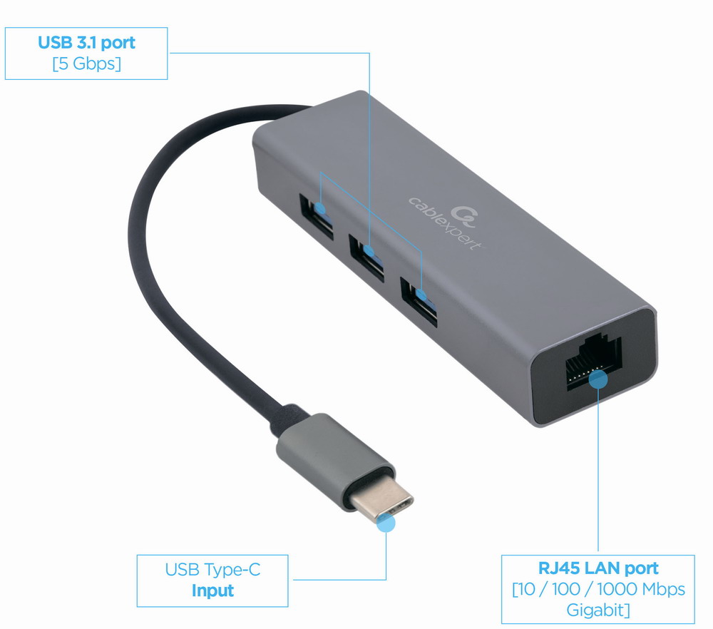 Кабель Cablexpert Type-С to Gigabit Ethernet, 3 Ports USB 3.1 Gen1 (5 Gbps) (A-CMU3-LAN-01) ціна 704 грн - фотографія 2