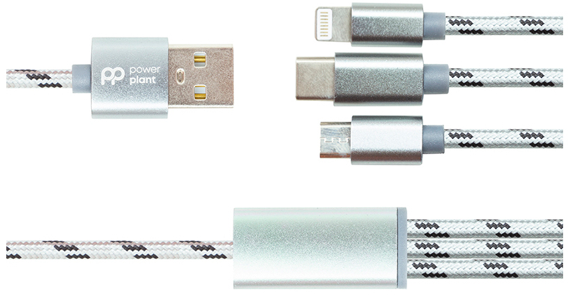 Кабель PowerPlant USB 2.0 AM to Lightning + Micro 5P + Type-C 1.0m 2.1A (CA910663)