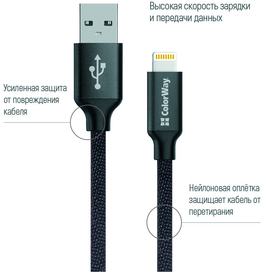Кабель ColorWay USB 2.0 AM to Lightning 1.0m black (CW-CBUL004-BK) ціна 199 грн - фотографія 2