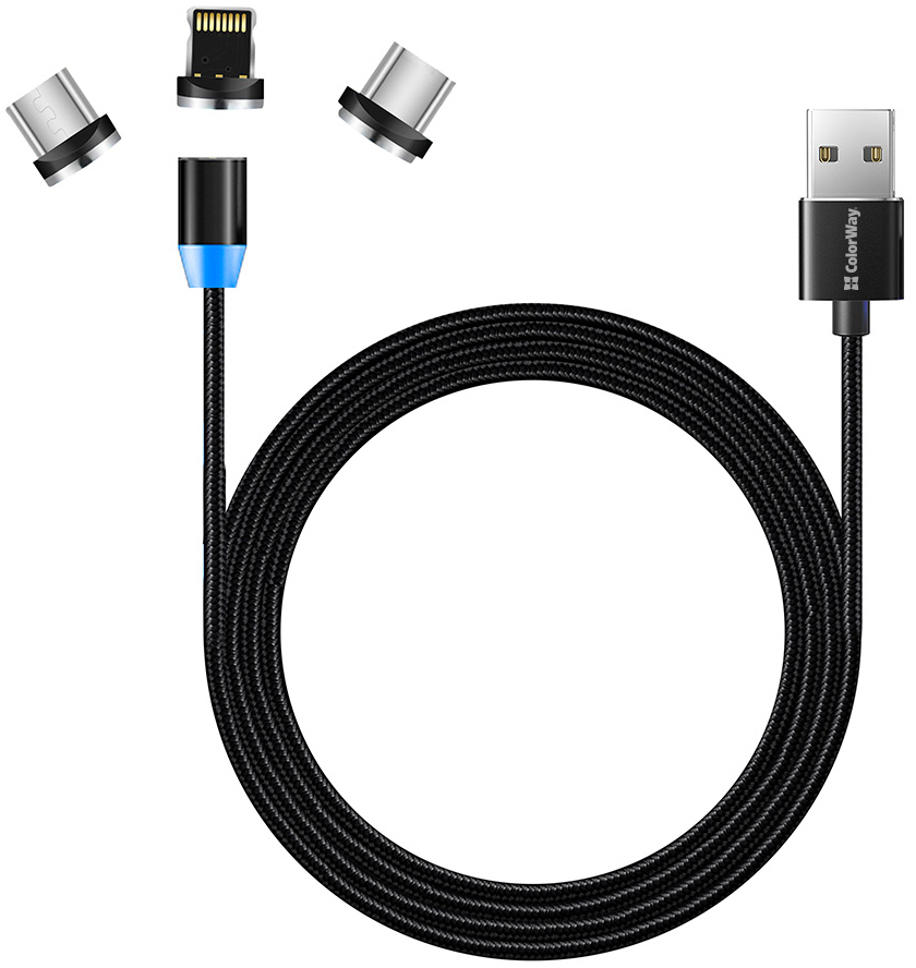 Кабель ColorWay USB 3в1 (Lightning+MicroUSB+Type-C) Magnet only charge (CW-CBUU020-BK) в интернет-магазине, главное фото