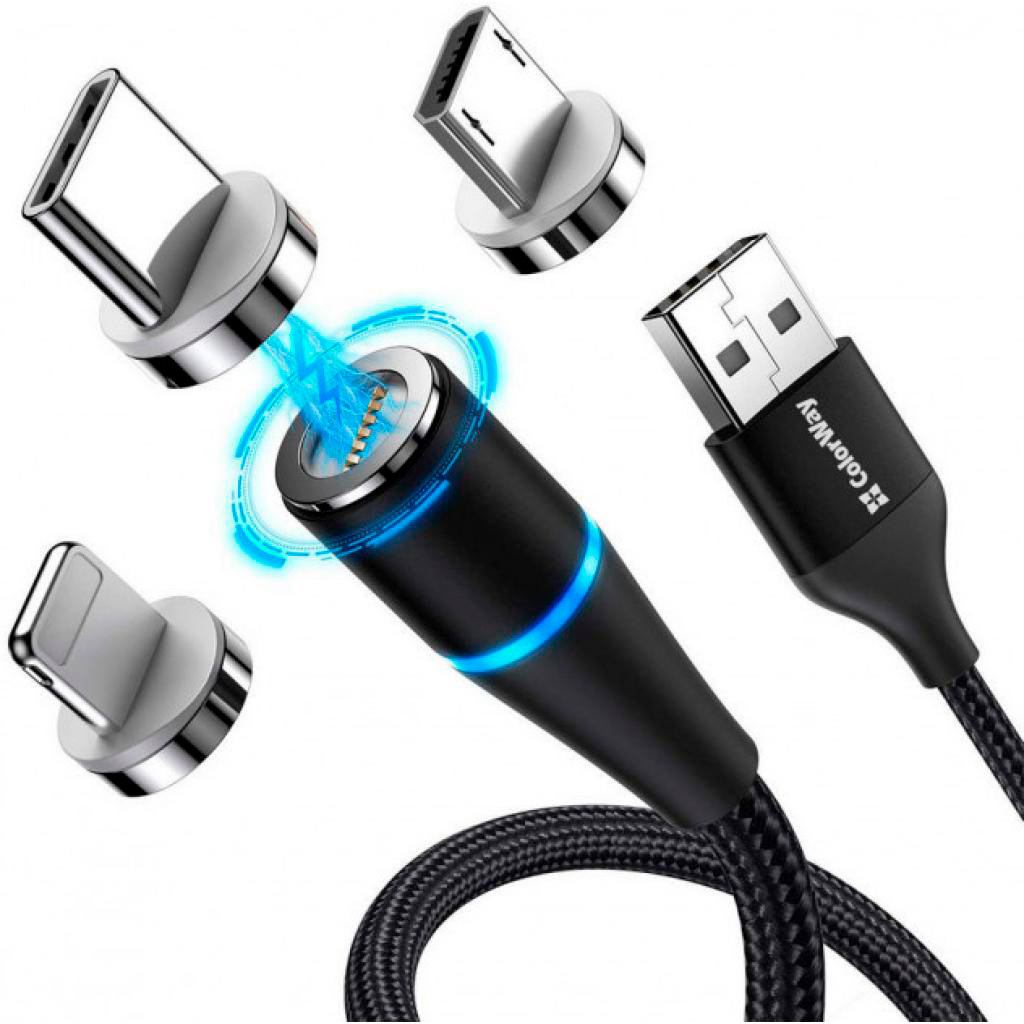 Кабель ColorWay USB 2.0 AM to Lightning + Micro 5P + Type-C 1.0m Magnetic (CW-CBUU038-BK) цена 359 грн - фотография 2