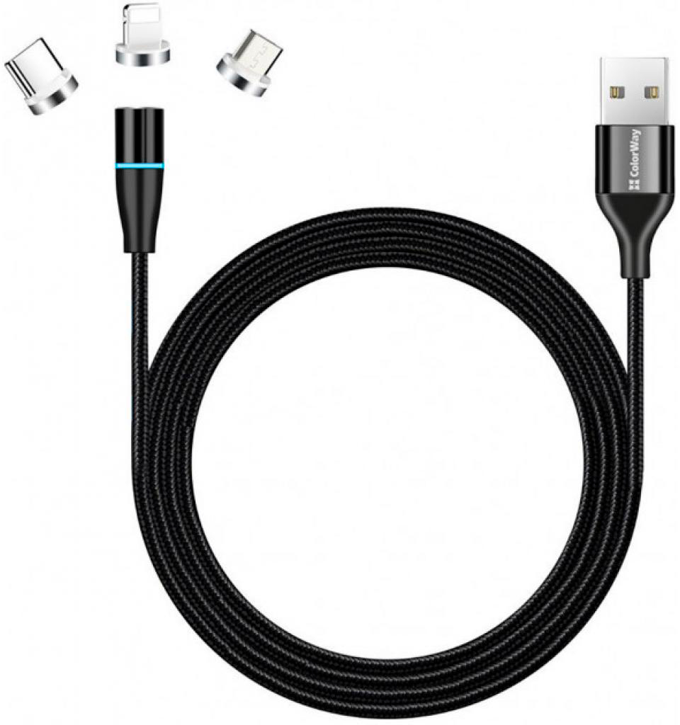 Кабель ColorWay USB 2.0 AM to Lightning + Micro 5P + Type-C 1.0m Magnetic (CW-CBUU038-BK)