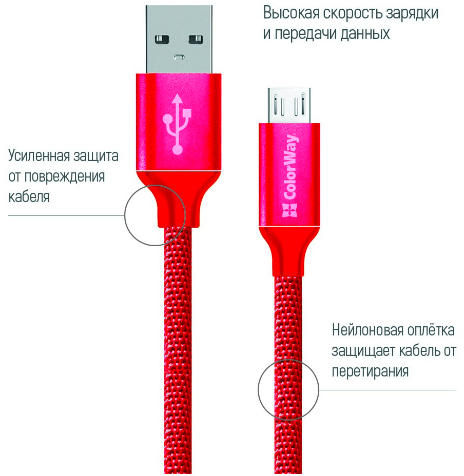 Кабель ColorWay Кабель USB - МicroUSB 2.1А 1м червоний (CW-CBUM002-RD) ціна 199 грн - фотографія 2