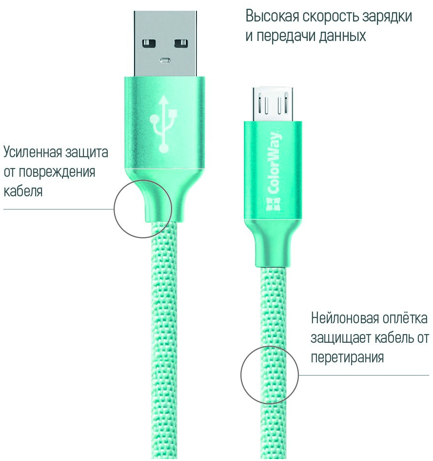 Кабель ColorWay USB 2.0 AM to Micro 5P 1.0m mint (CW-CBUM002-MT) ціна 206.70 грн - фотографія 2