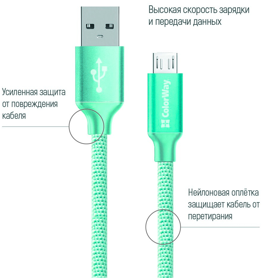 Кабель ColorWay USB 2.0 AM to Micro 5P 1.0m mint (CW-CBUM002-MT) цена 207 грн - фотография 2