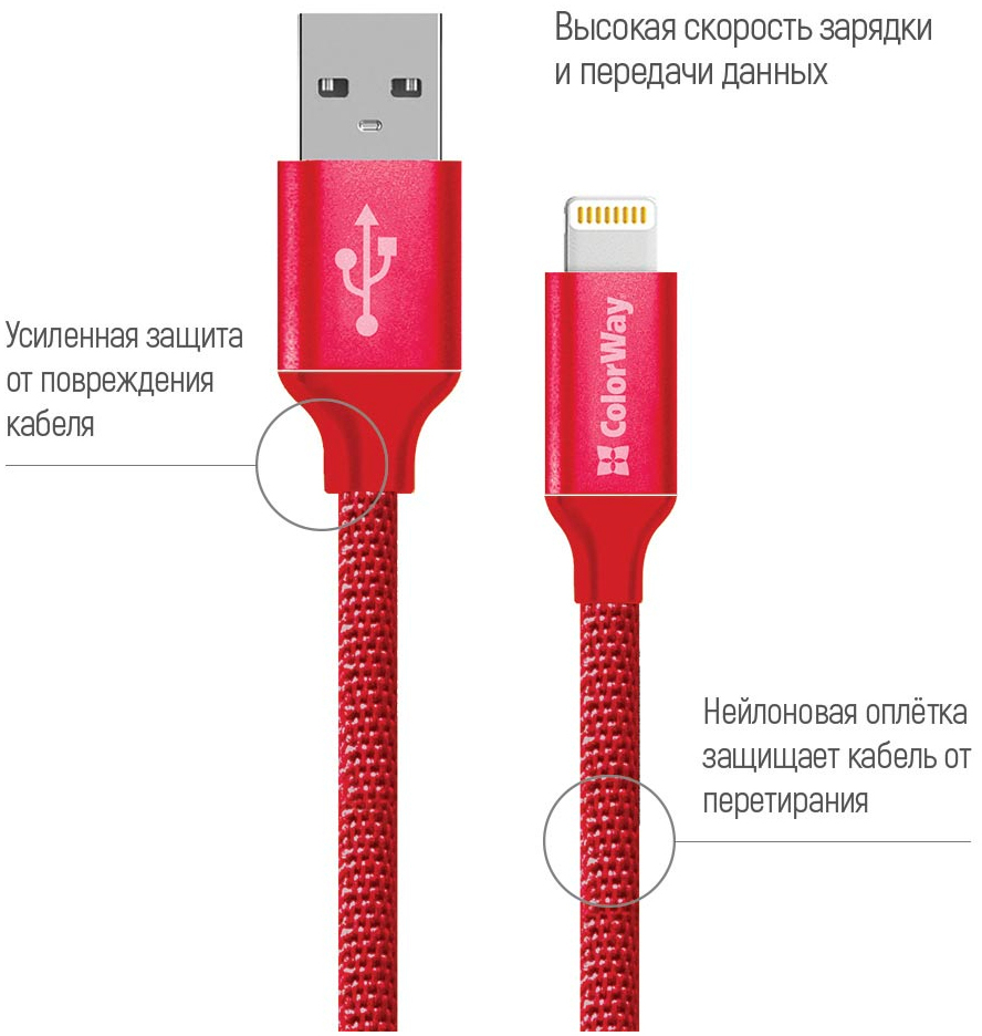 Кабель ColorWay USB 2.0 AM to Lightning 2.0m red (CW-CBUL007-RD) ціна 259 грн - фотографія 2