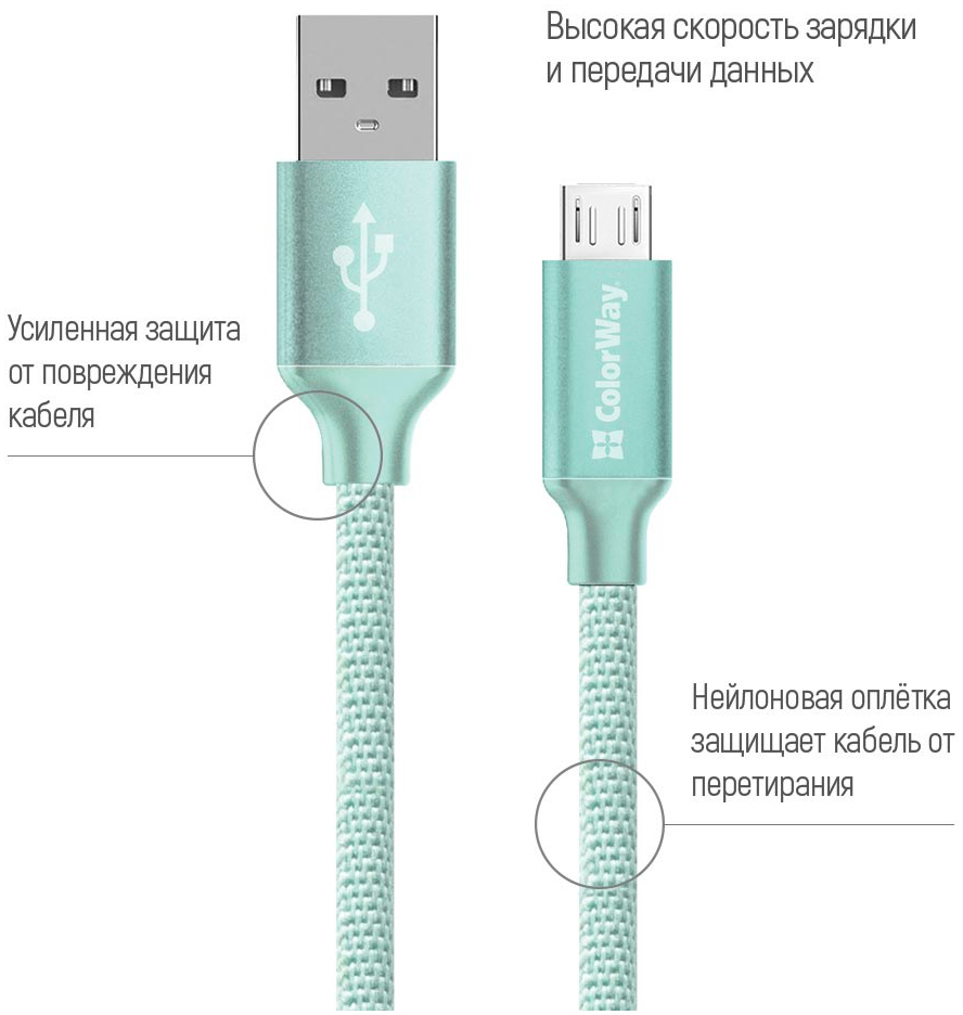 Кабель ColorWay USB 2.0 AM to Micro 5P 2.0m mint (CW-CBUM009-MT) цена 258.70 грн - фотография 2
