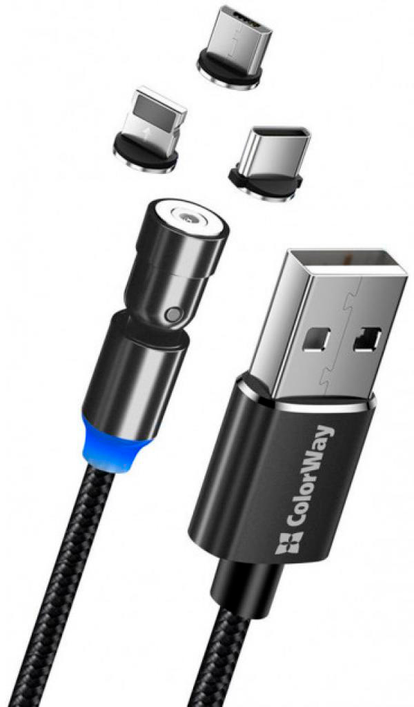 Кабель ColorWay USB 2.0 AM to Lightning + Micro 5P + Type-C 1.0m Magnetic Ro (CW-CBUU037-BK)