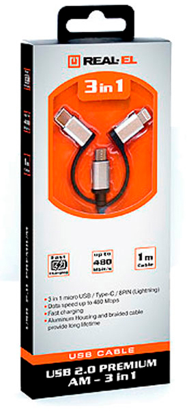 в продаже Кабель Real-El USB 2.0 AM to 3in1 1.0m Premium black (EL123500035) - фото 3