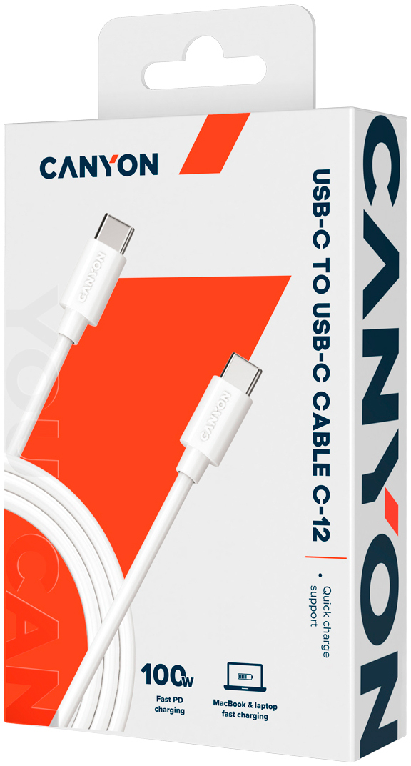 Кабель Canyon USB-C to USB-C 2.0m 100W 20V/ 5A white (CNS-USBC12W) ціна 329 грн - фотографія 2