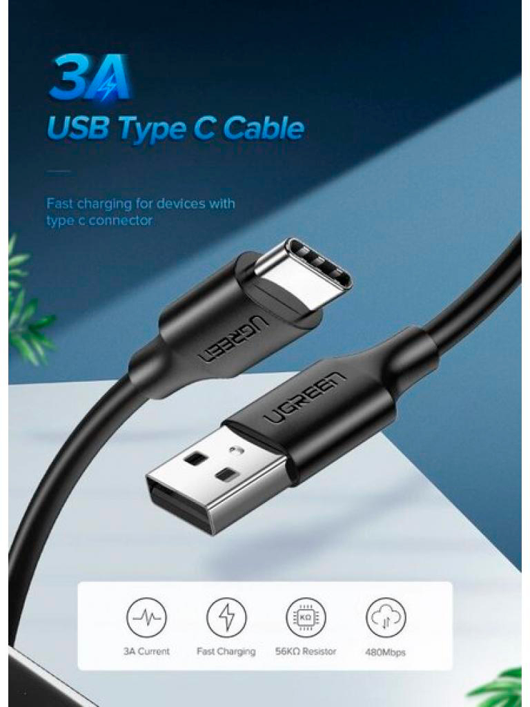 Кабель Ugreen USB 2.0 AM to Type-C 1.0m US287 Black (60116) цена 250.00 грн - фотография 2