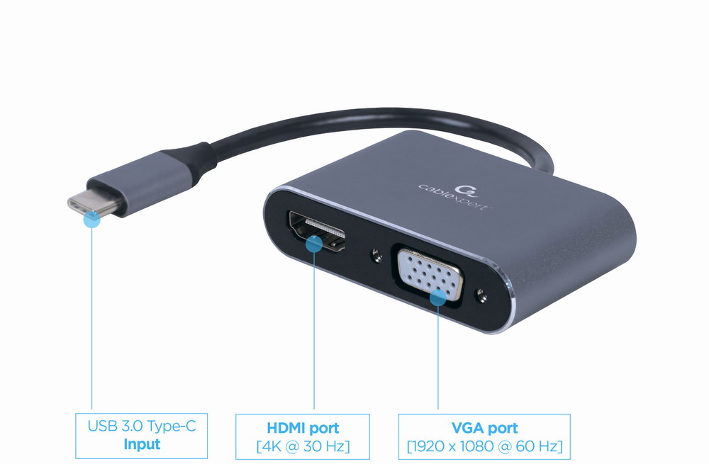Адаптер-перехідник  Cablexpert USB-C - HDMI/VGA, 4К 30 Гц (A-USB3C-HDMIVGA-01) ціна 499 грн - фотографія 2