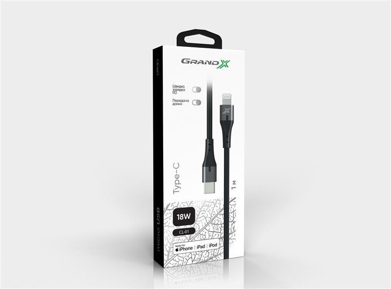 в продаже Кабель Grand-X USB-C-Lightning MFI, Power Delivery, 18W, 1м, Gray (CL-01) - фото 3