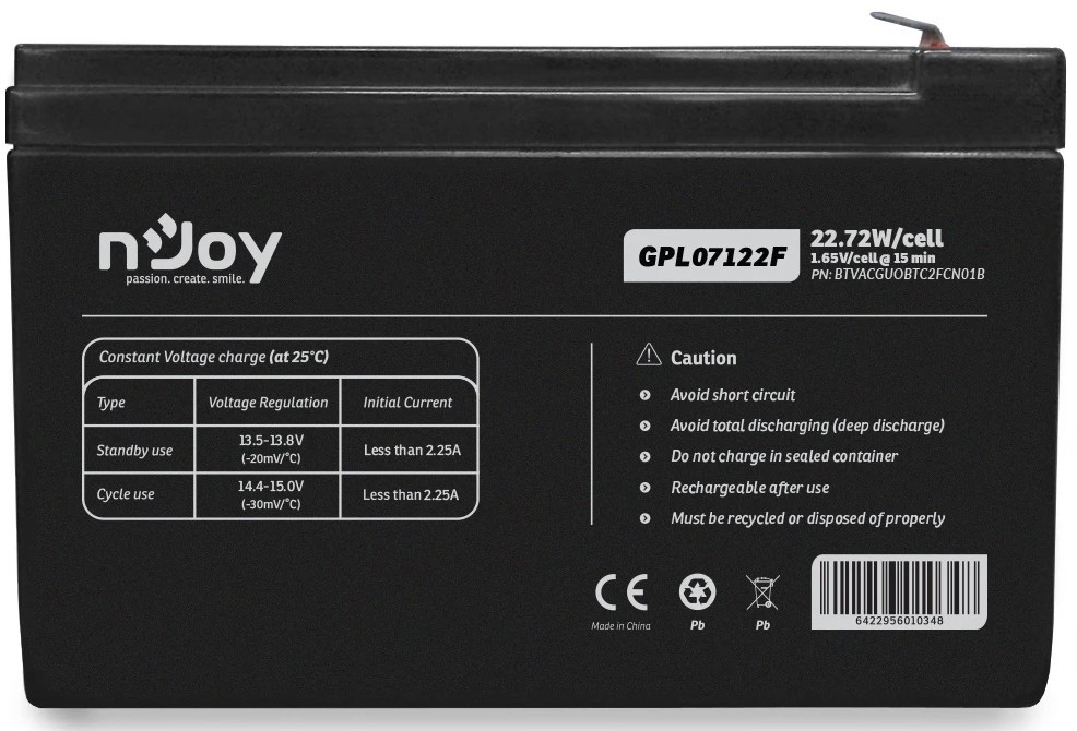 Характеристики аккумулятор njoy GPL07122F 12V-7Ah (BTVACGUOBTC2FCN01B)