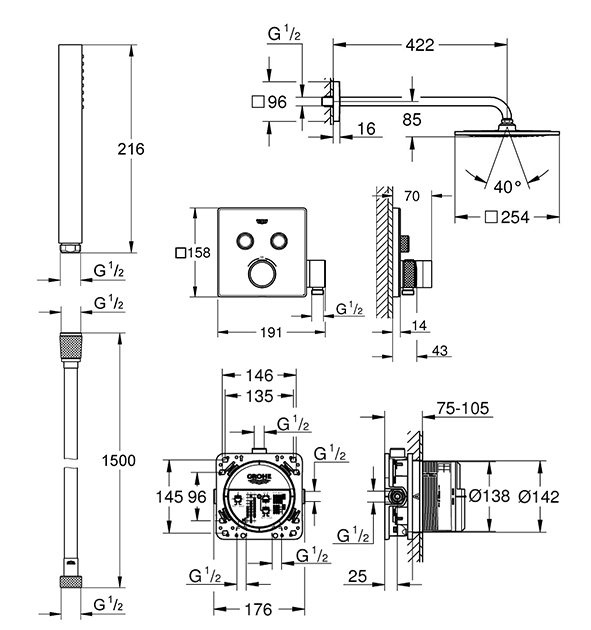 Grohe Grohtherm SmartControl UA3450600A Габаритні розміри