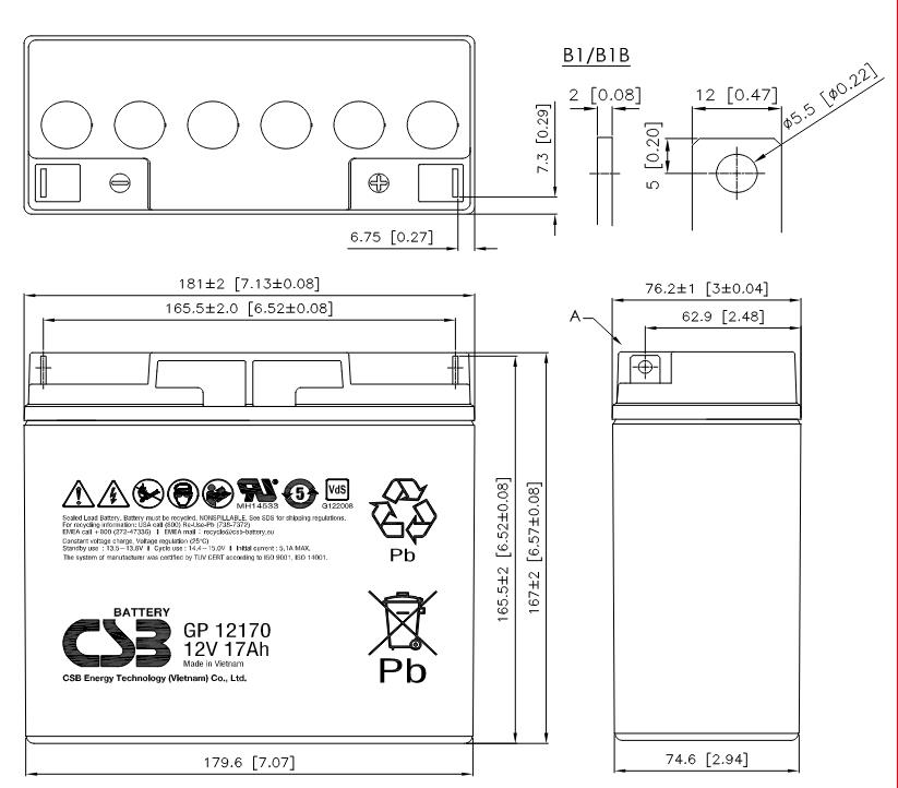 CSB 12V 17 Ah (GP12170B1/ V3) Габаритні розміри