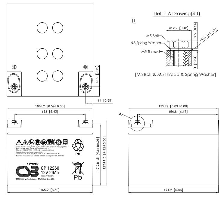 CSB 12V 26 Ah (GP12260) Габаритные размеры