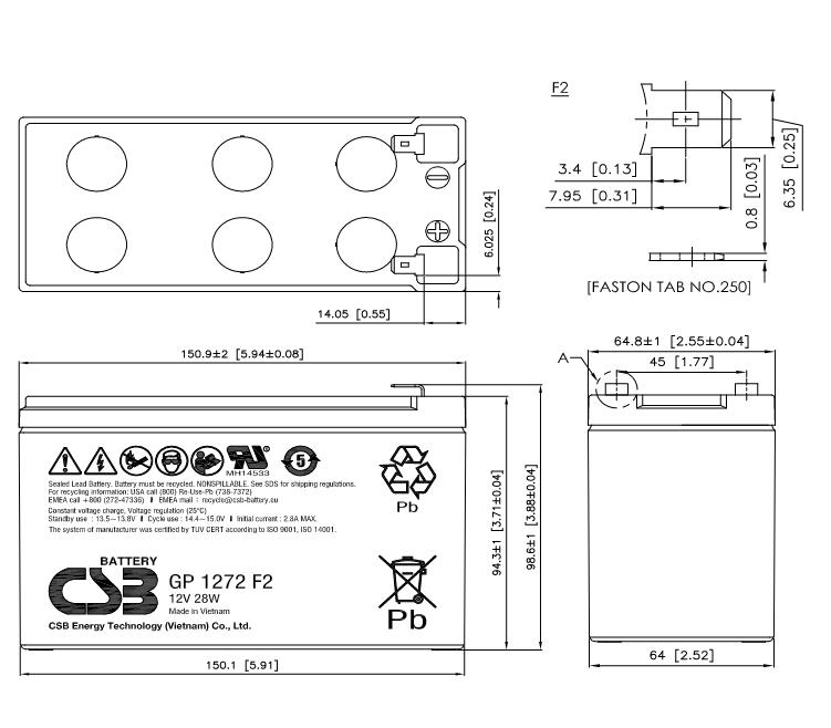 CSB 12V 7.2 Ah (GP1272_28W) Габаритные размеры