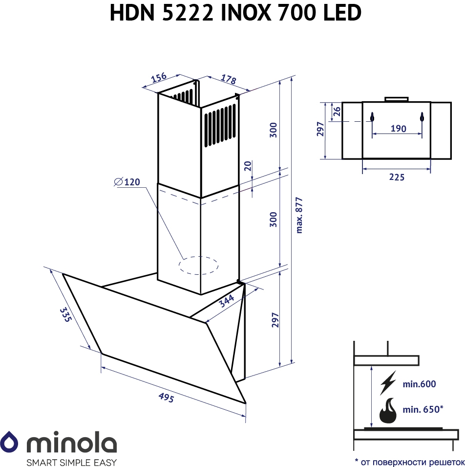 Minola HDN 5222 WH/INOX 700 LED Габаритные размеры