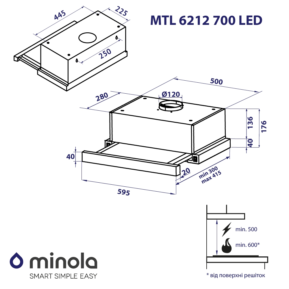 Minola MTL 6212 GR 700 LED Габаритні розміри